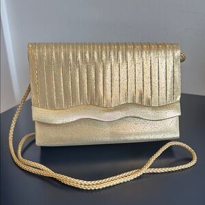 Vintage Gold Pleated Clutch with Crossbody Strap